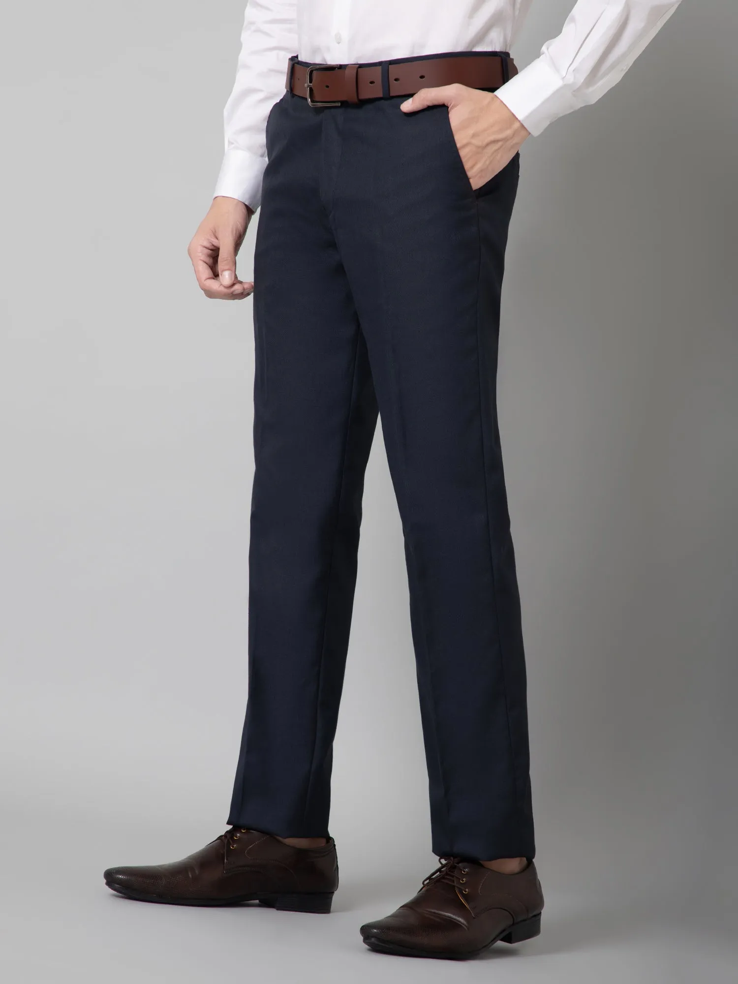 Solid Non Pleated Regular Fit Mid Rise Navy Blue Formal Trousers for Men