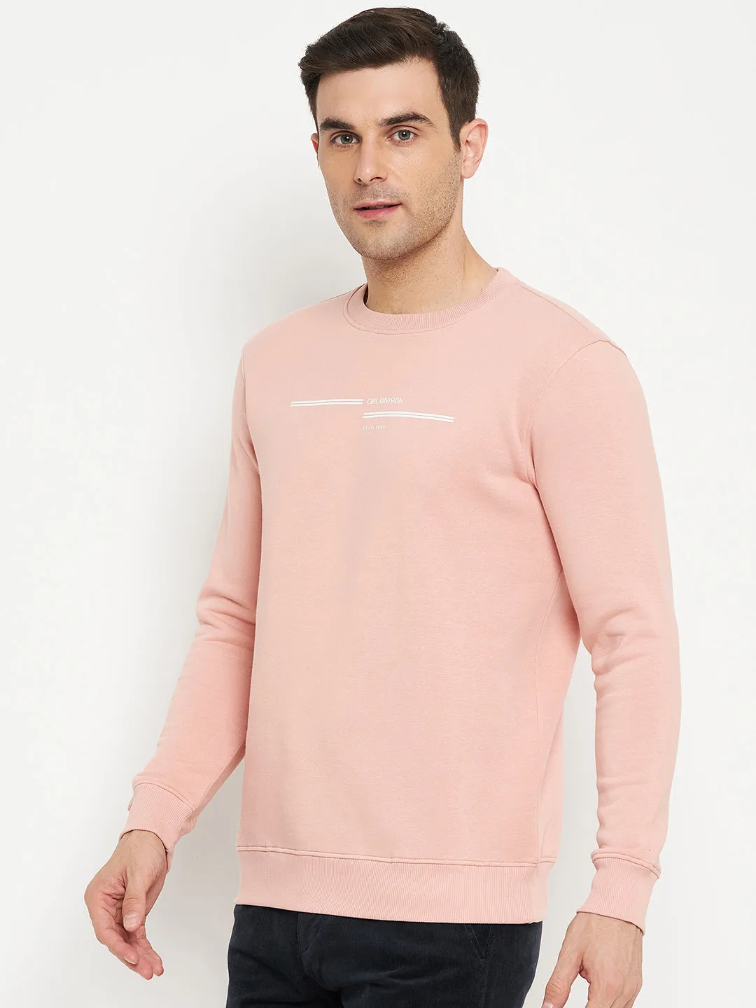 Solid Pink Full Sleeves Round Neck Regular Fit Casual Sweatshirt for Men