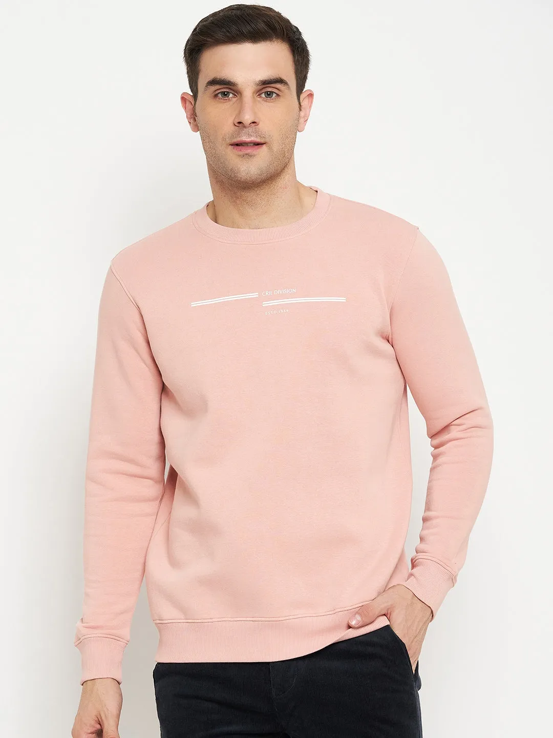 Solid Pink Full Sleeves Round Neck Regular Fit Casual Sweatshirt for Men