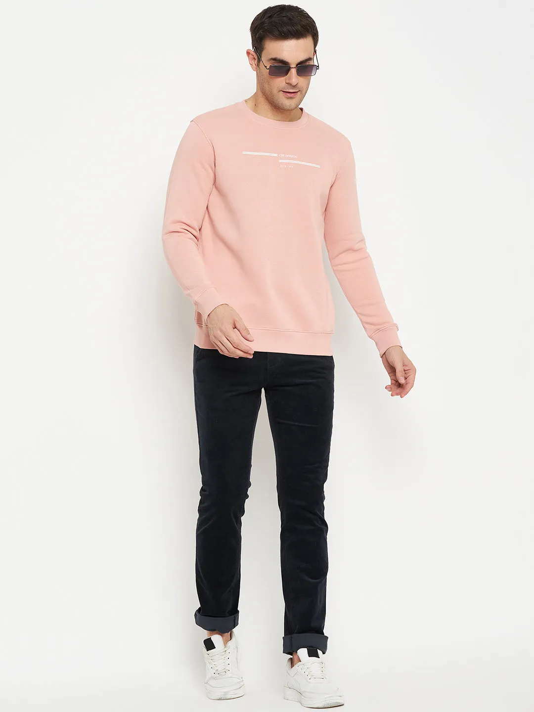 Solid Pink Full Sleeves Round Neck Regular Fit Casual Sweatshirt for Men