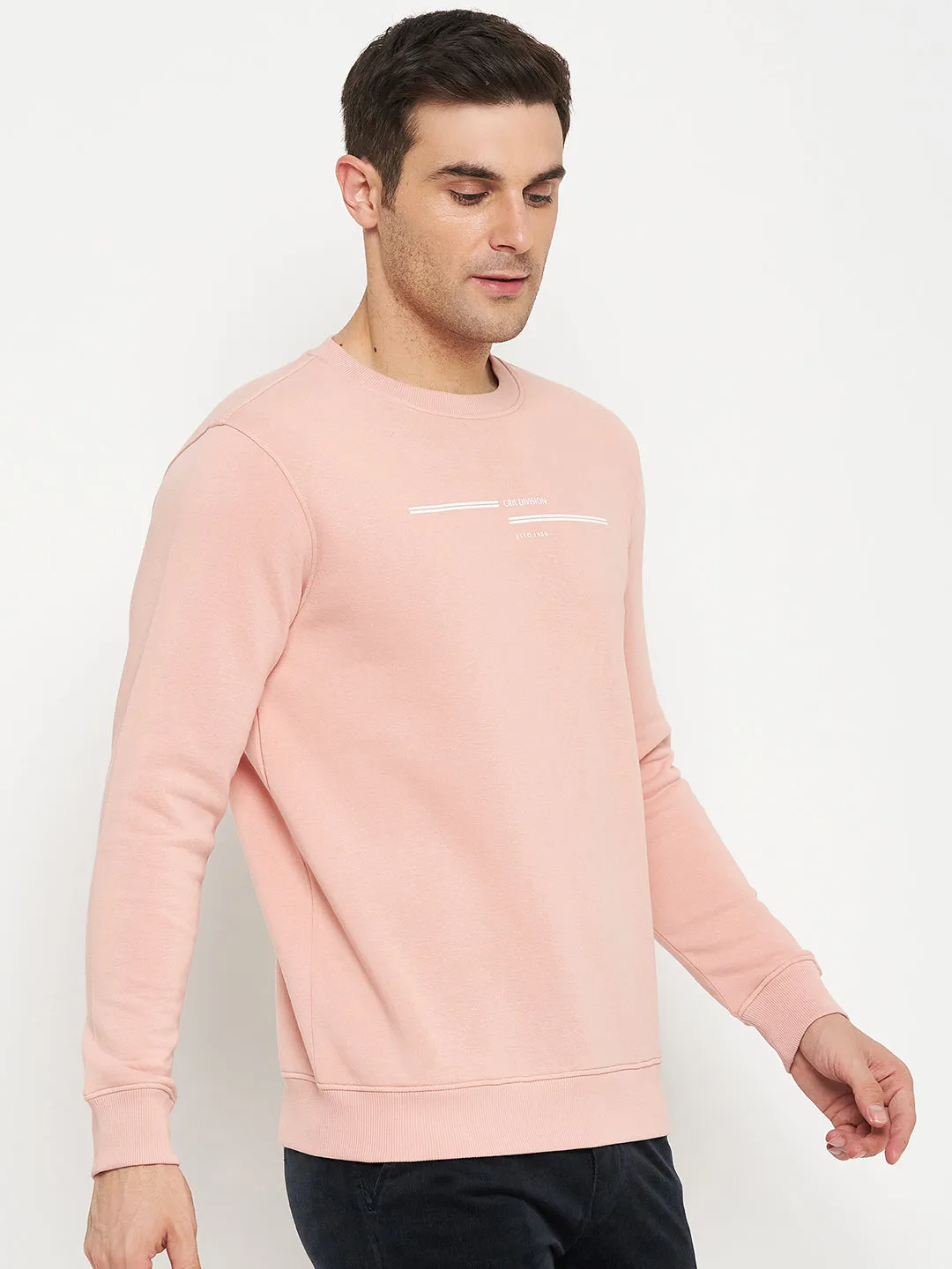 Solid Pink Full Sleeves Round Neck Regular Fit Casual Sweatshirt for Men