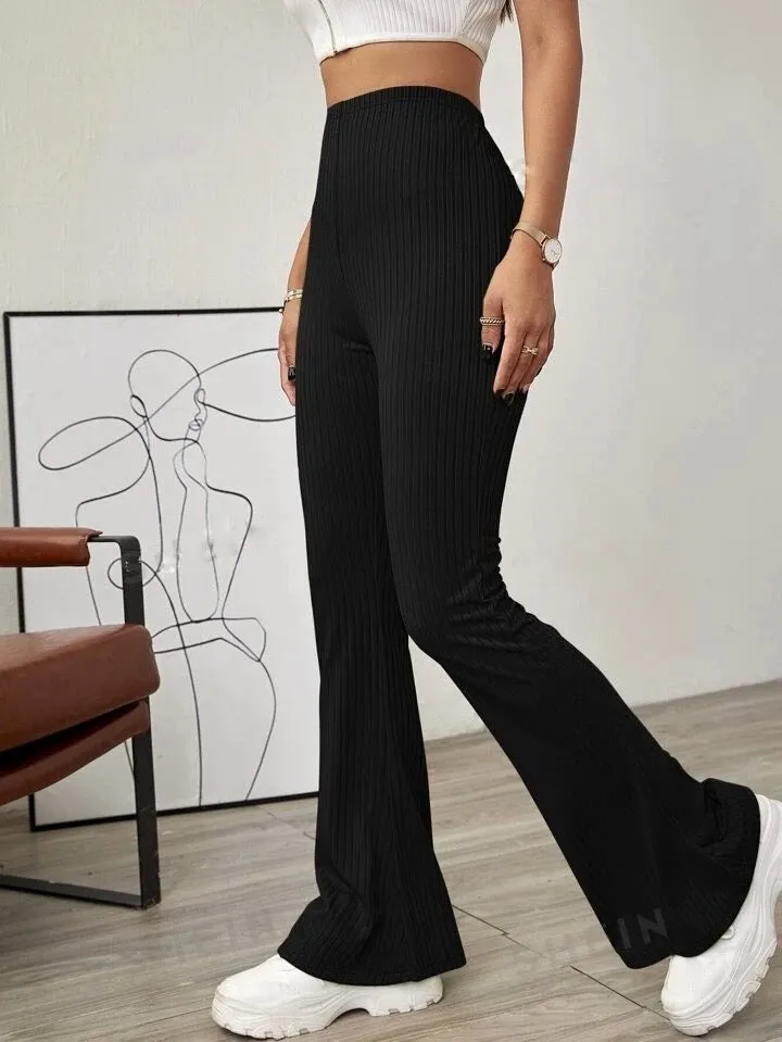 SOLID RIBBED FLARED-LEG PANT