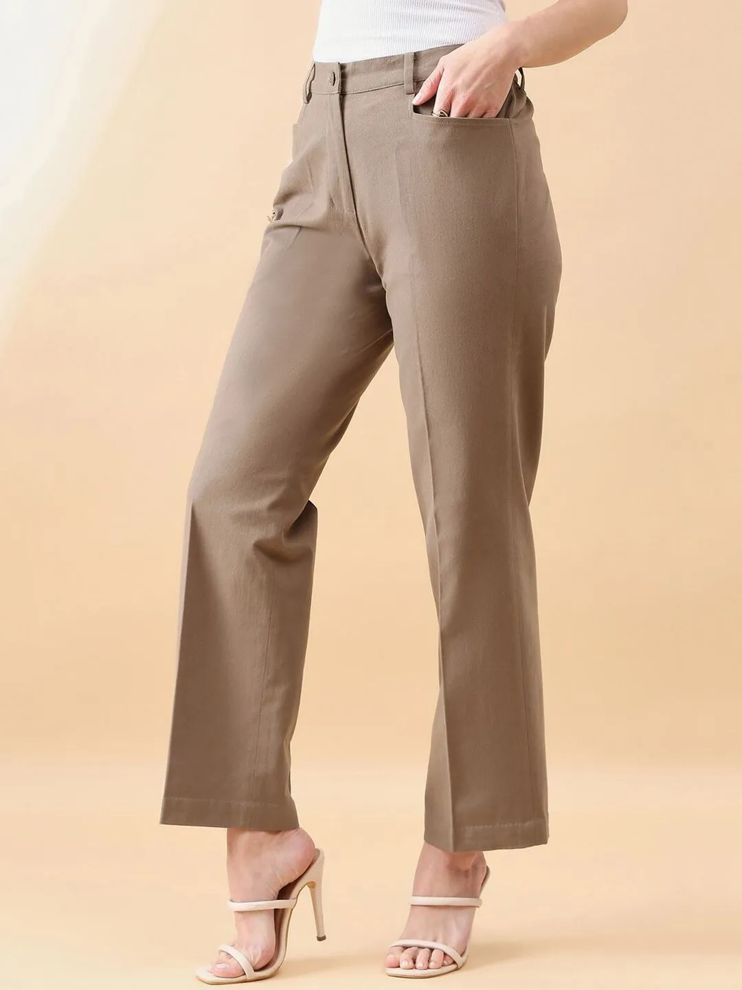 Stretch Mid Waist Straight Trouser - Slate Brown