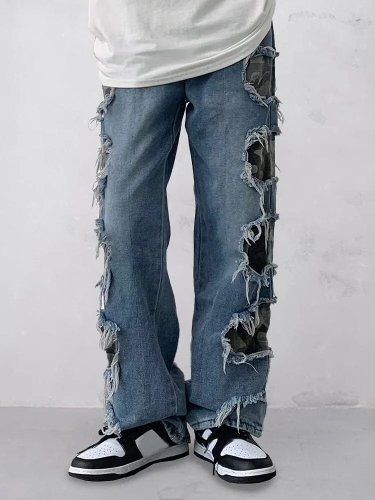 Stylish Camo Patch Ripped Jeans