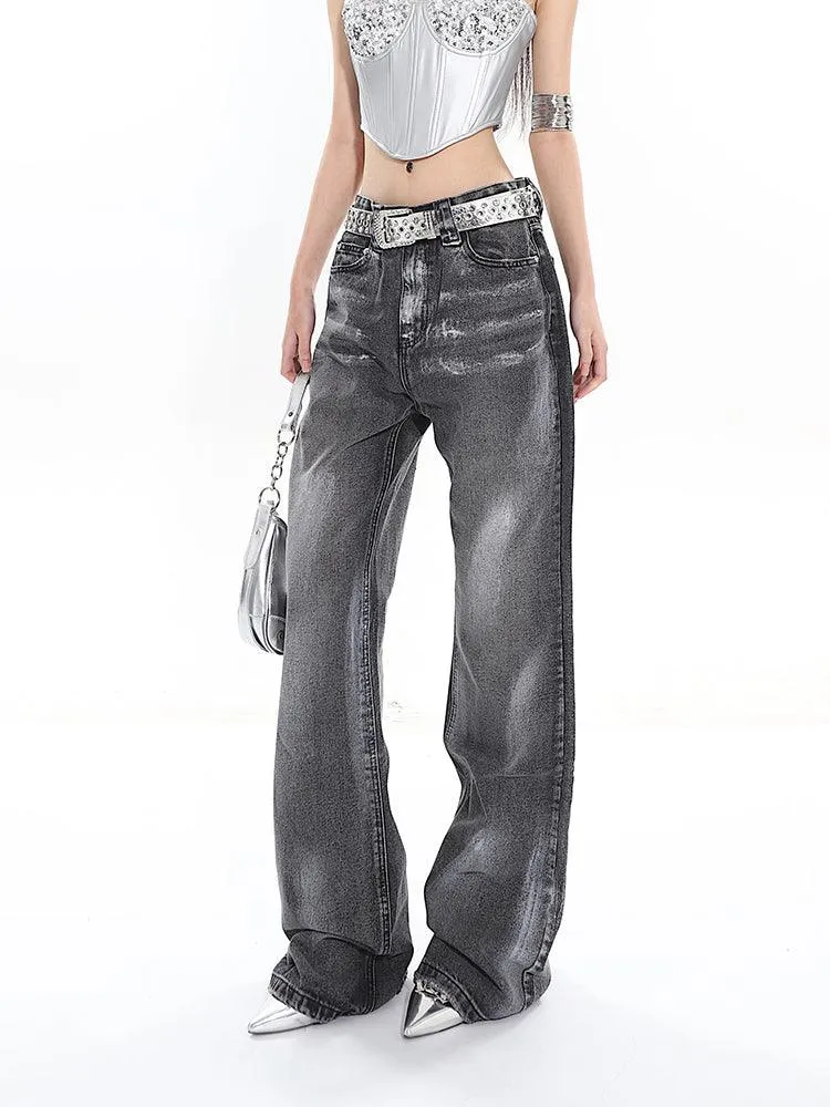 Stylish Dark Gray Silver-Washed Straight-Leg Jeans