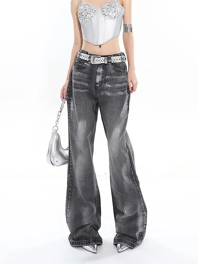 Stylish Dark Gray Silver-Washed Straight-Leg Jeans