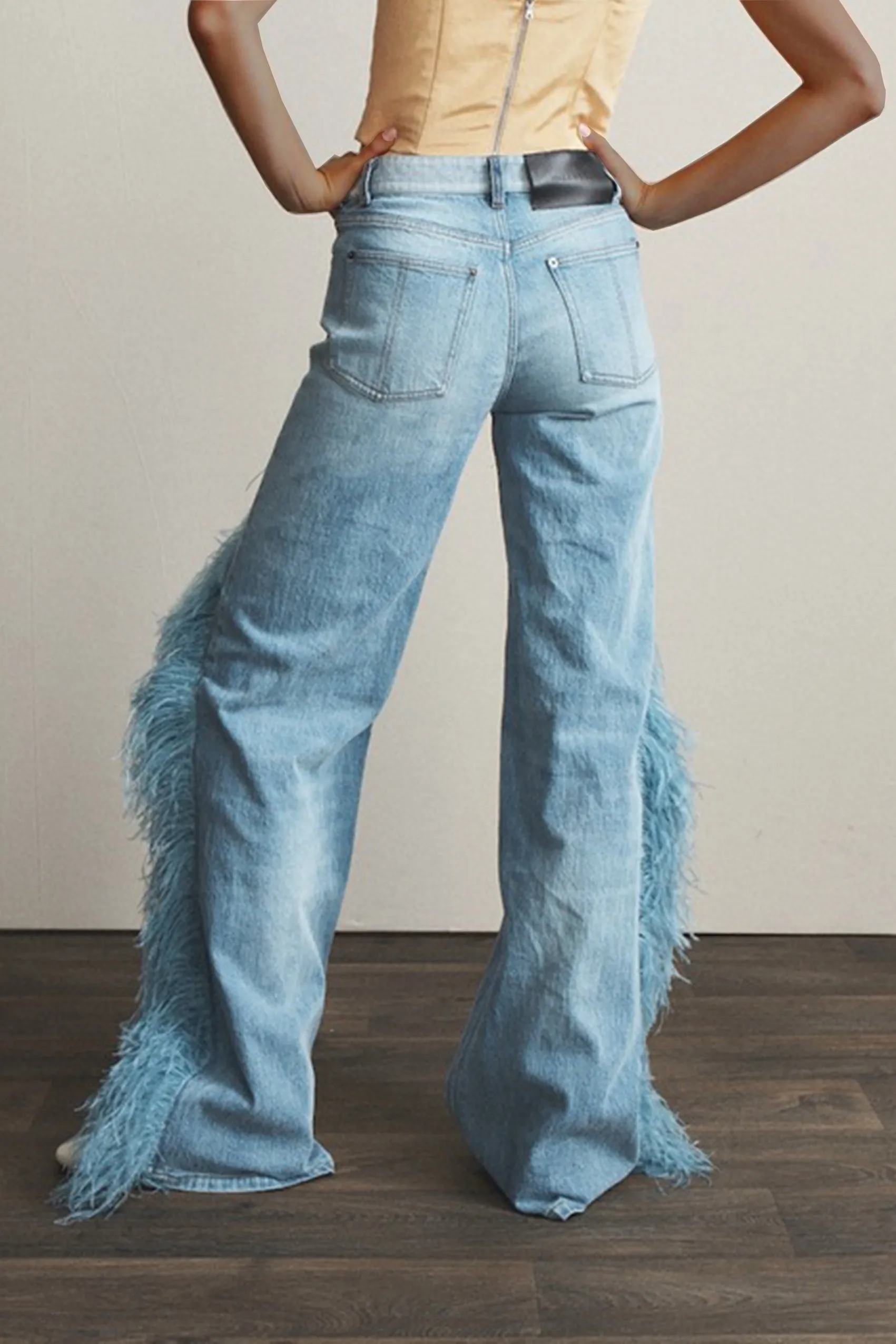 Stylish Feather Splicing Wide Leg Jeans