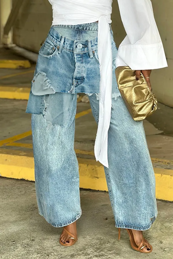 Stylish High Waist Straight Leg Flap Jeans