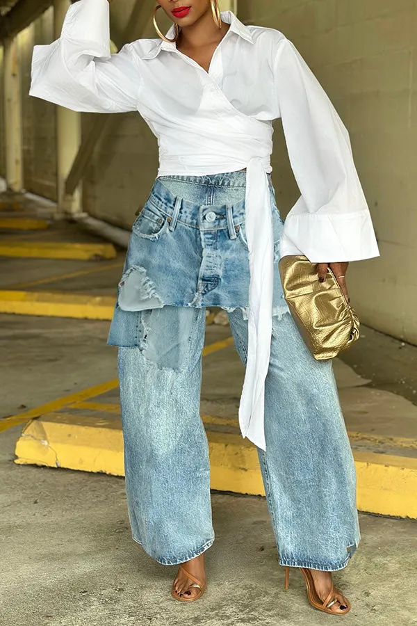 Stylish High Waist Straight Leg Flap Jeans