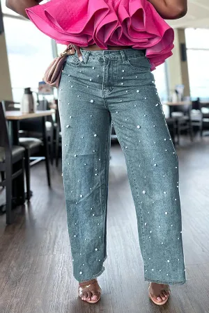 Stylish Pearl Detail Straight Leg Jeans