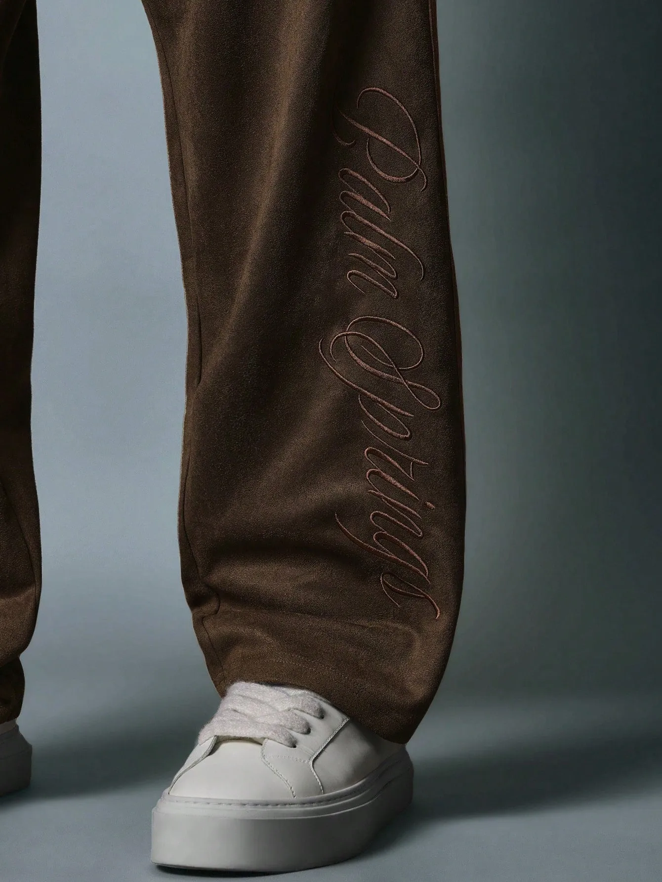 Suedette Straight Fit Contrast Side Panel Sweatpants With Embroidery