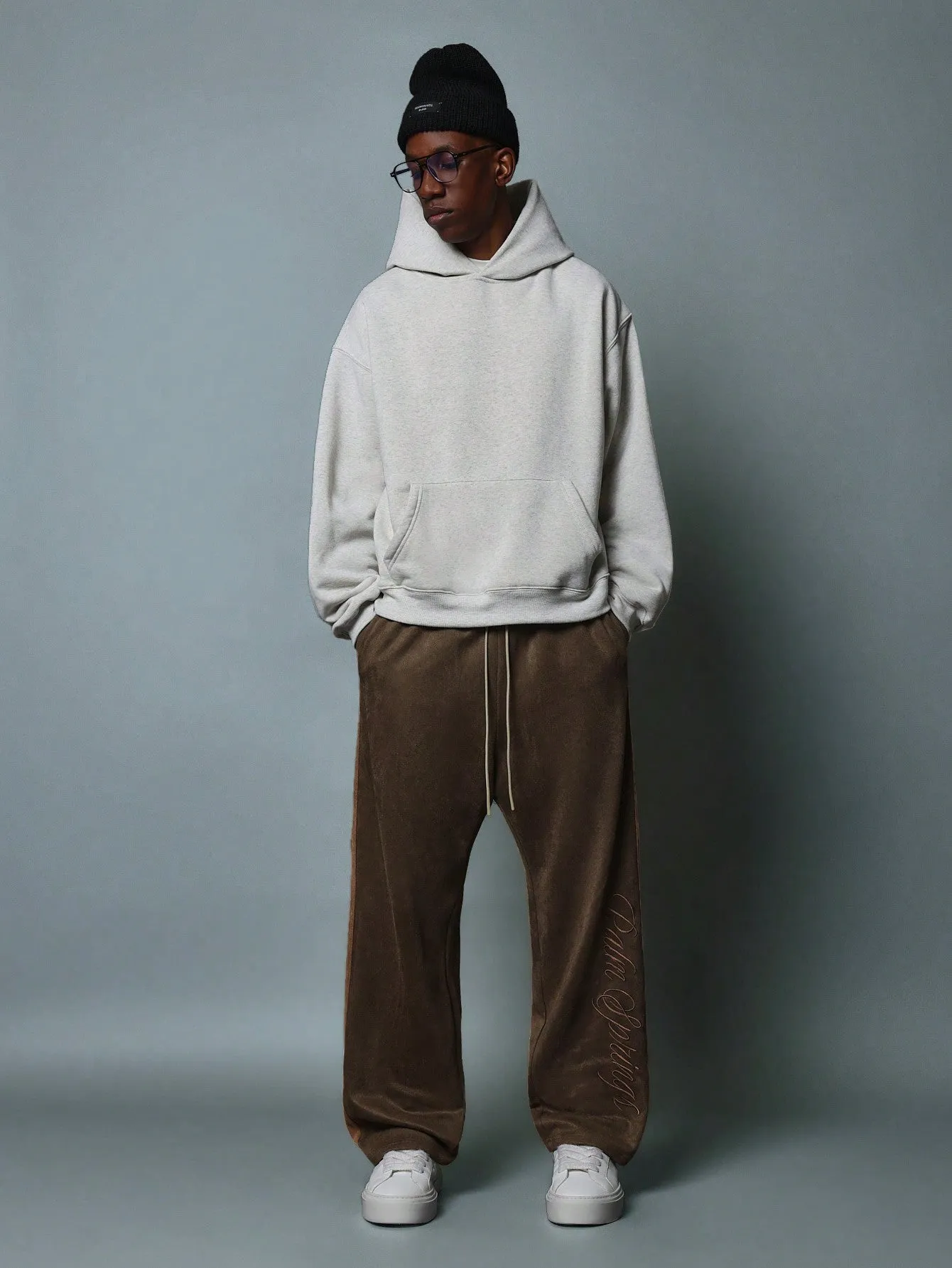 Suedette Straight Fit Contrast Side Panel Sweatpants With Embroidery