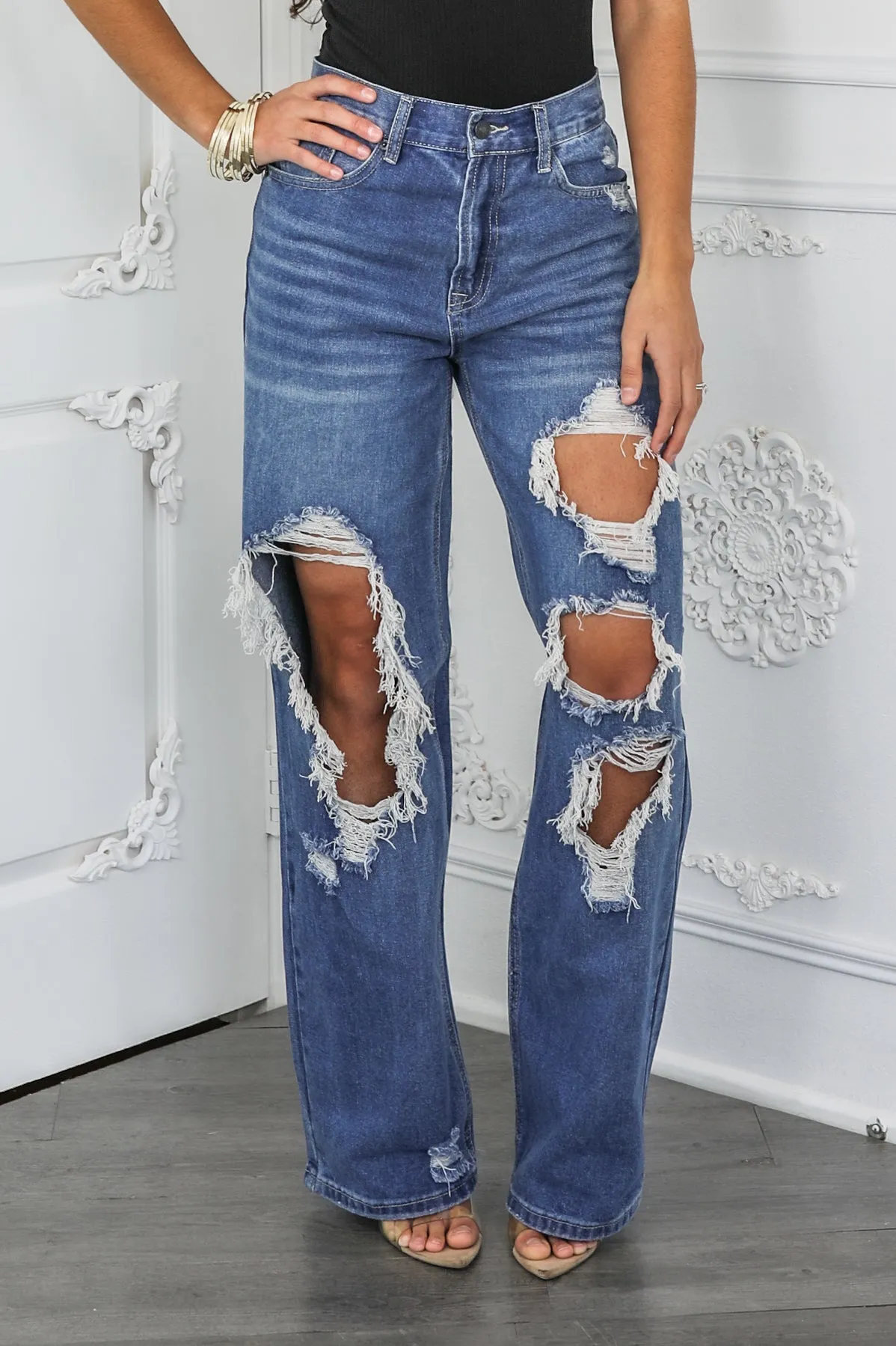 Sweet Talker Ripped Hi Rise Relaxed Wide Leg Skater Look Jeans