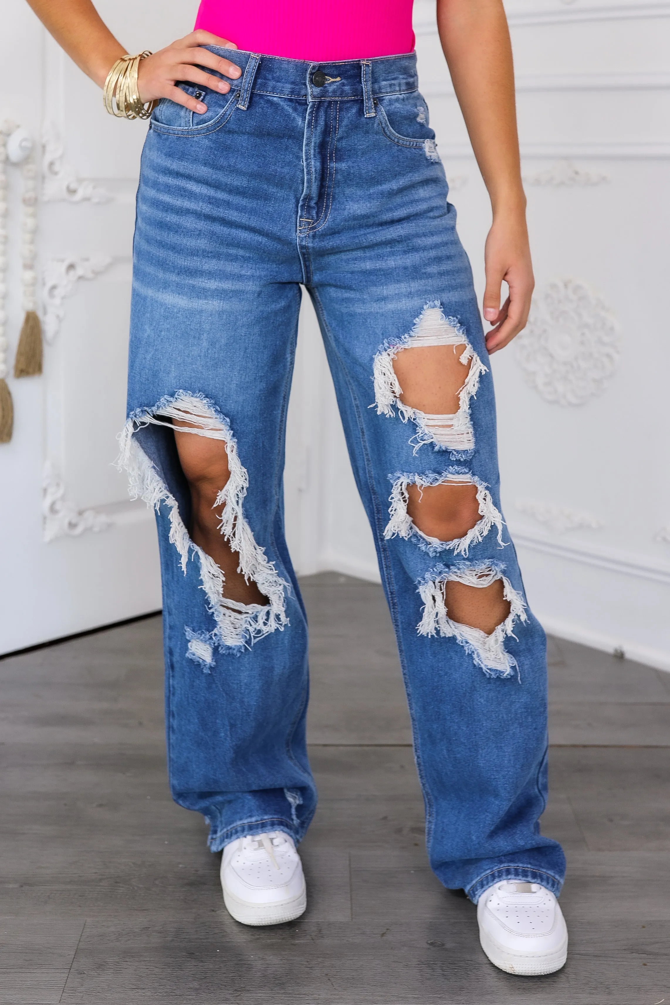 Sweet Talker Ripped Hi Rise Relaxed Wide Leg Skater Look Jeans