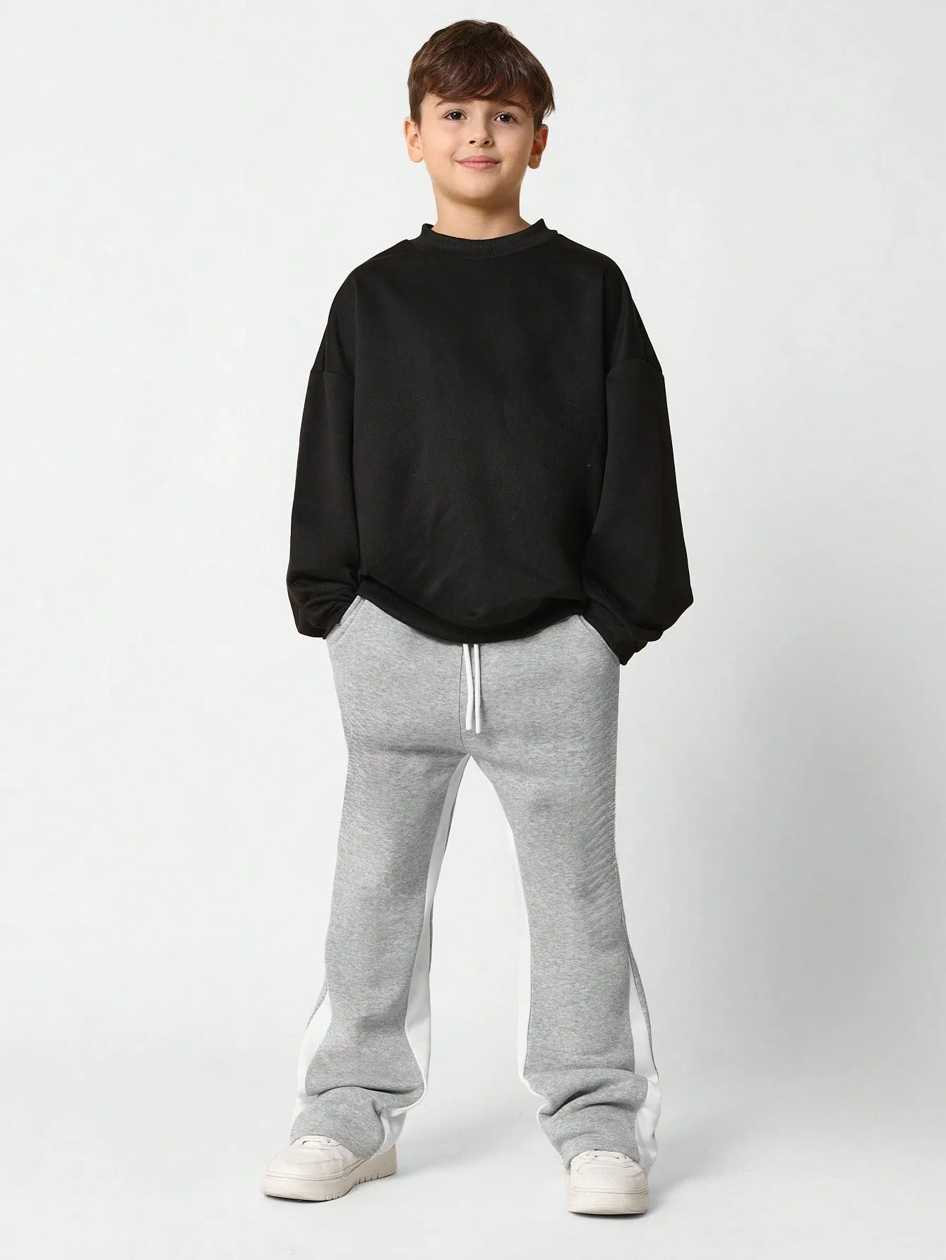 Tween Boys Comfy Grey Marl Flare Fit Panelled Essential Sweatpants