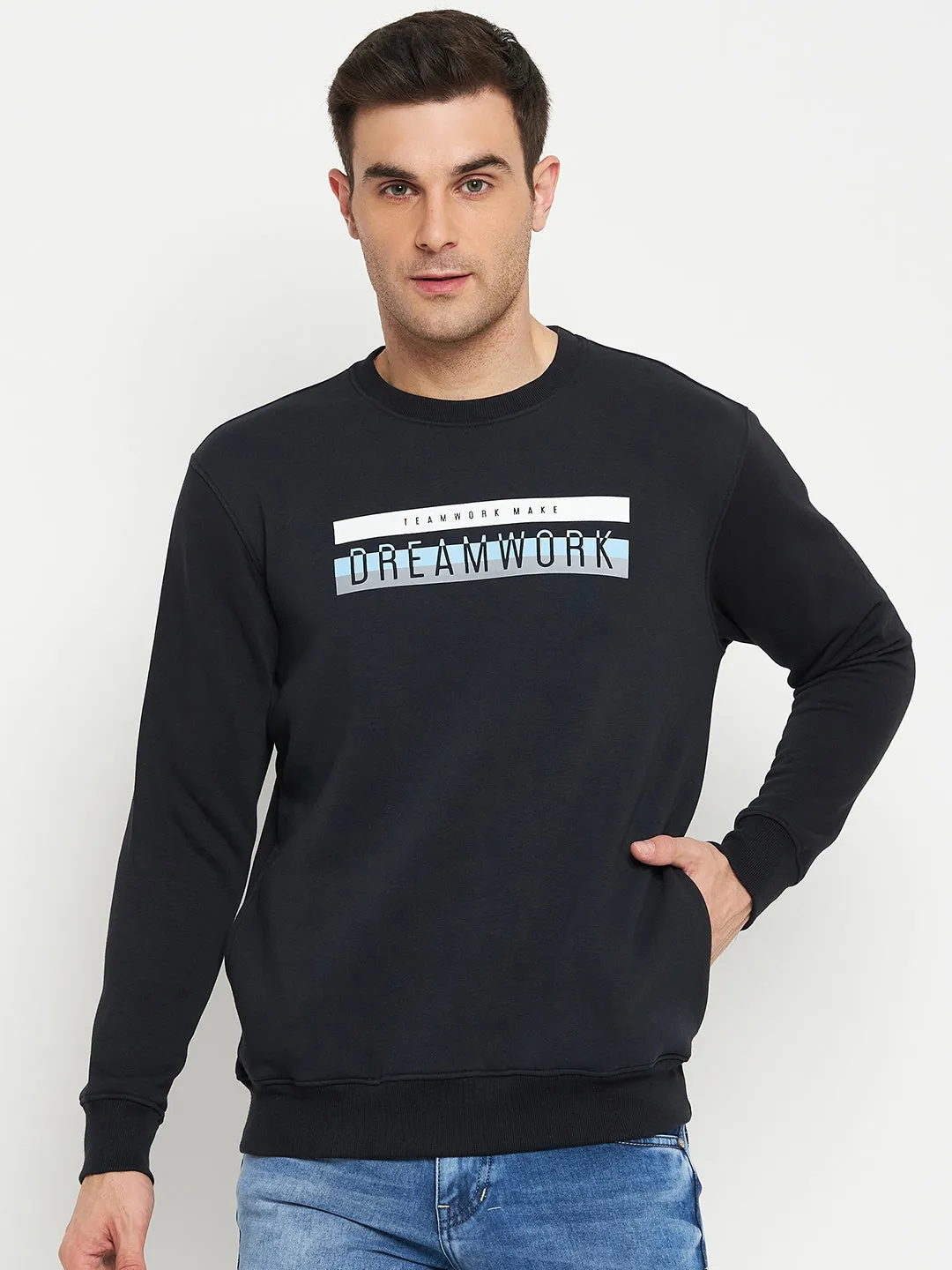 Typography Printed Navy Blue Full Sleeves Round Neck Regular Fit Casual Sweatshirt for Men