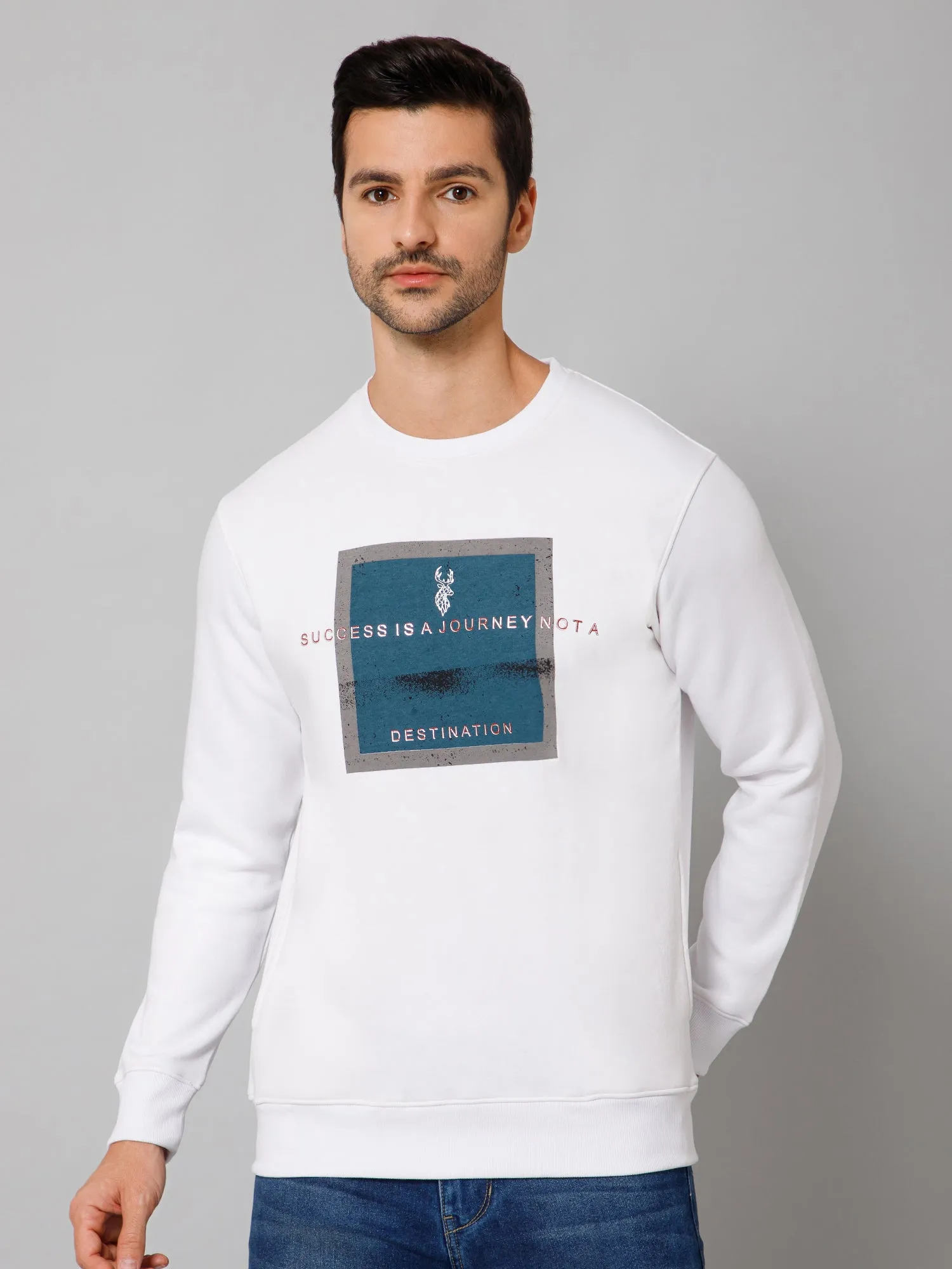 Typography Printed White Full Sleeves Round Neck Regular Fit Casual Sweatshirt for Men