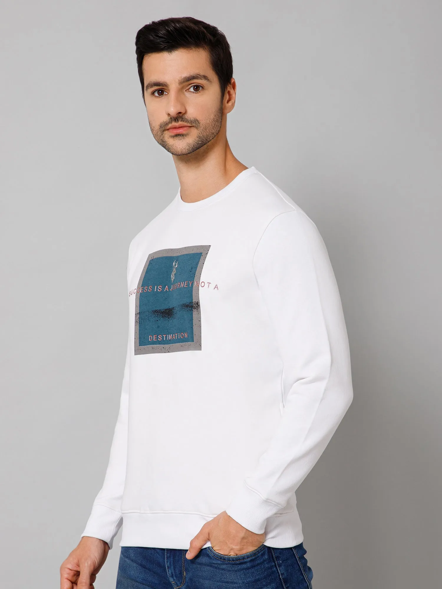 Typography Printed White Full Sleeves Round Neck Regular Fit Casual Sweatshirt for Men