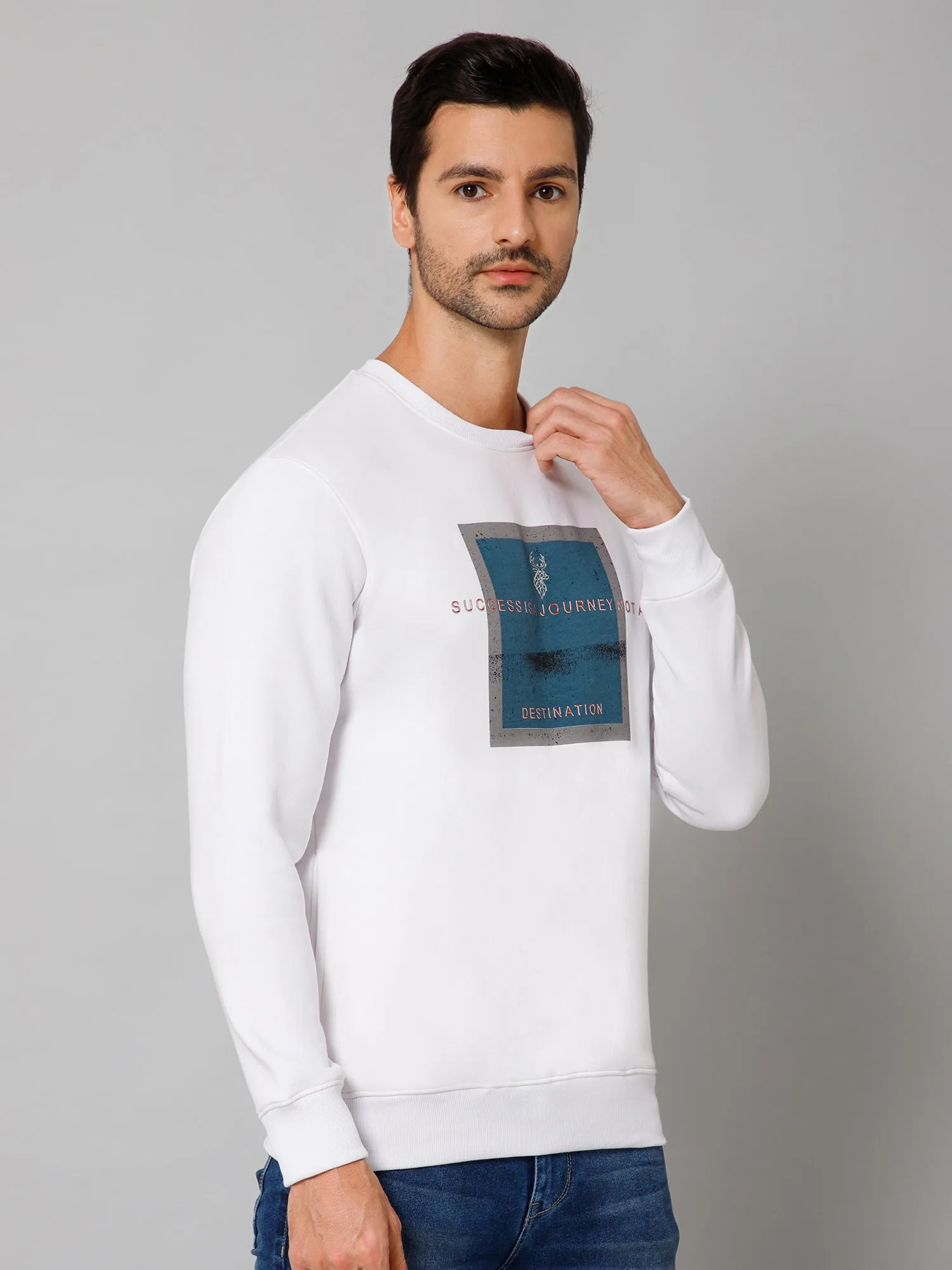 Typography Printed White Full Sleeves Round Neck Regular Fit Casual Sweatshirt for Men