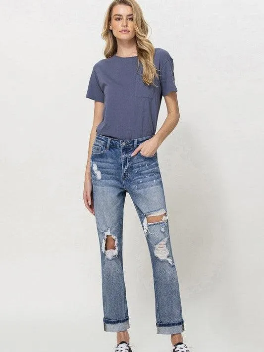 VERVET By Flying Monkey Distressed High Rise Boyfriend Jeans with Paint Splatter