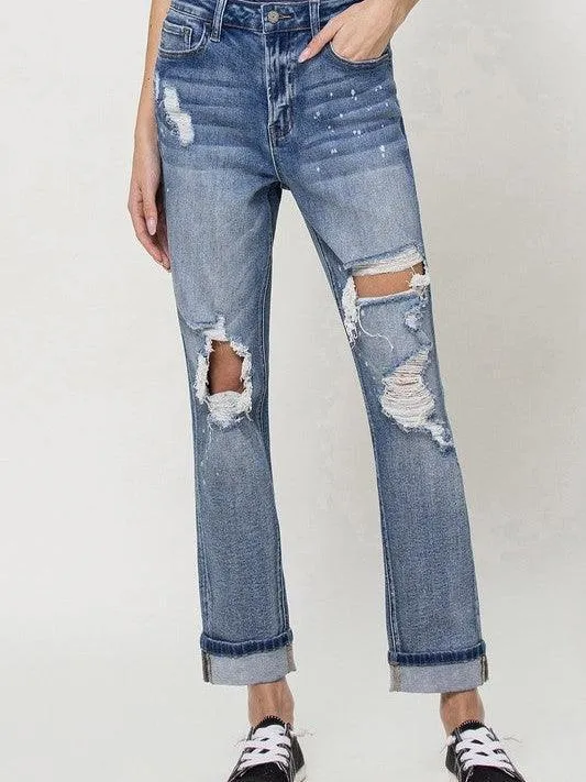 VERVET By Flying Monkey Distressed High Rise Boyfriend Jeans with Paint Splatter