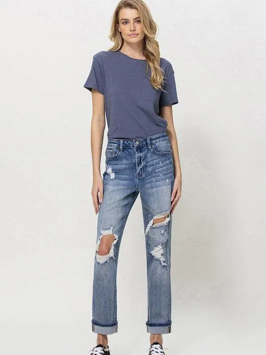 VERVET By Flying Monkey Distressed High Rise Boyfriend Jeans with Paint Splatter