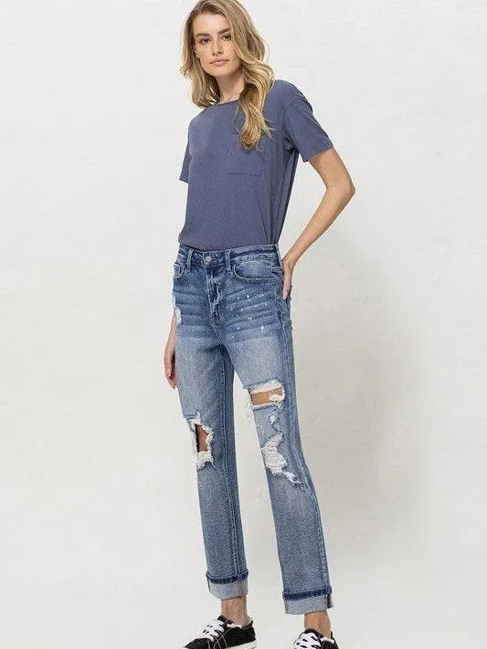 VERVET By Flying Monkey Distressed High Rise Boyfriend Jeans with Paint Splatter