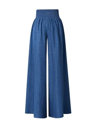 WDIRARA Women's Wide Leg Long Pants Elastic Smocked High Waisted Casual Palazzo Trousers Royal Blue Medium