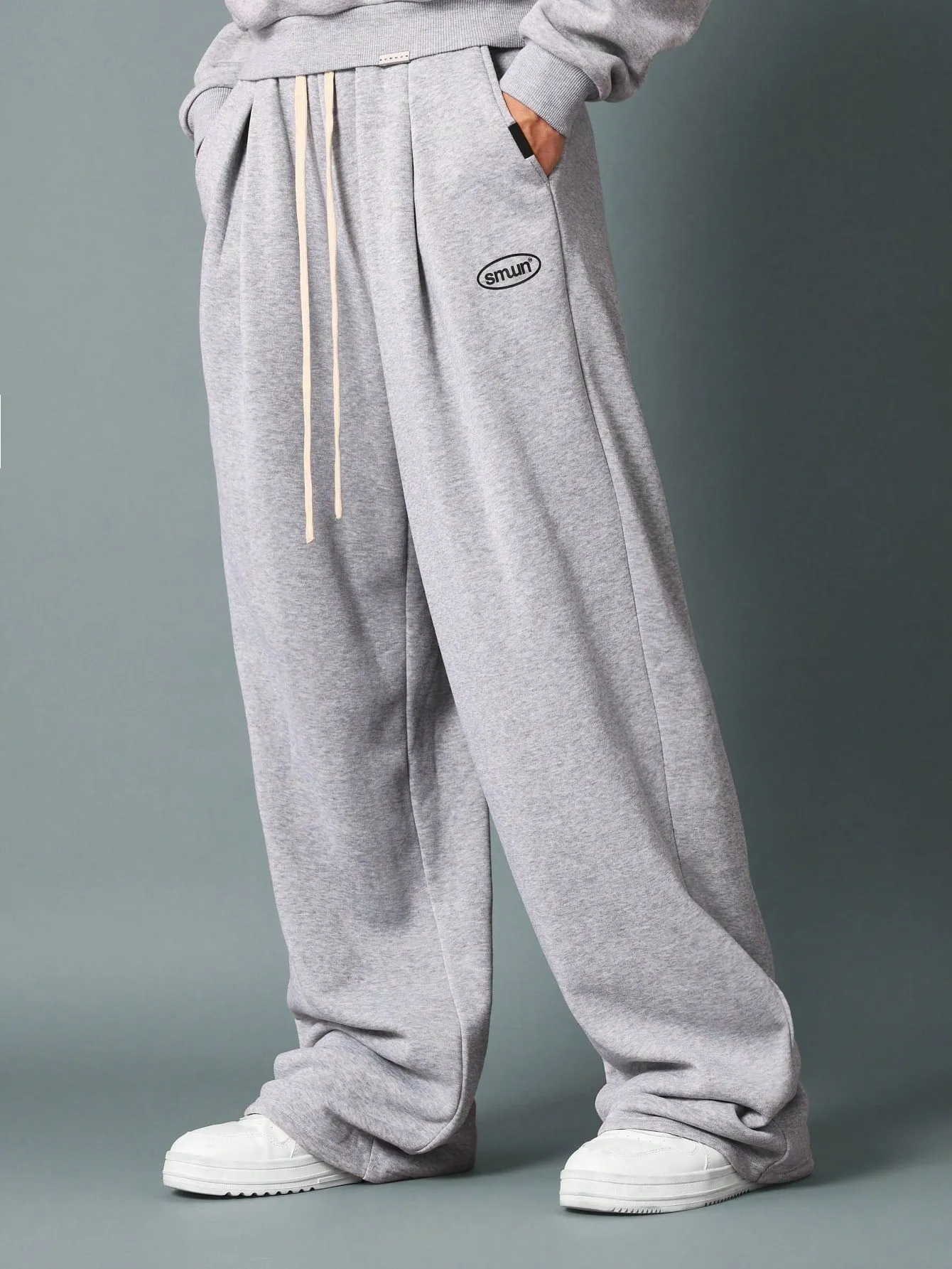 Wide Leg Drop Crotch Sweatpants With Pleats, Drawcords & Graphic Print