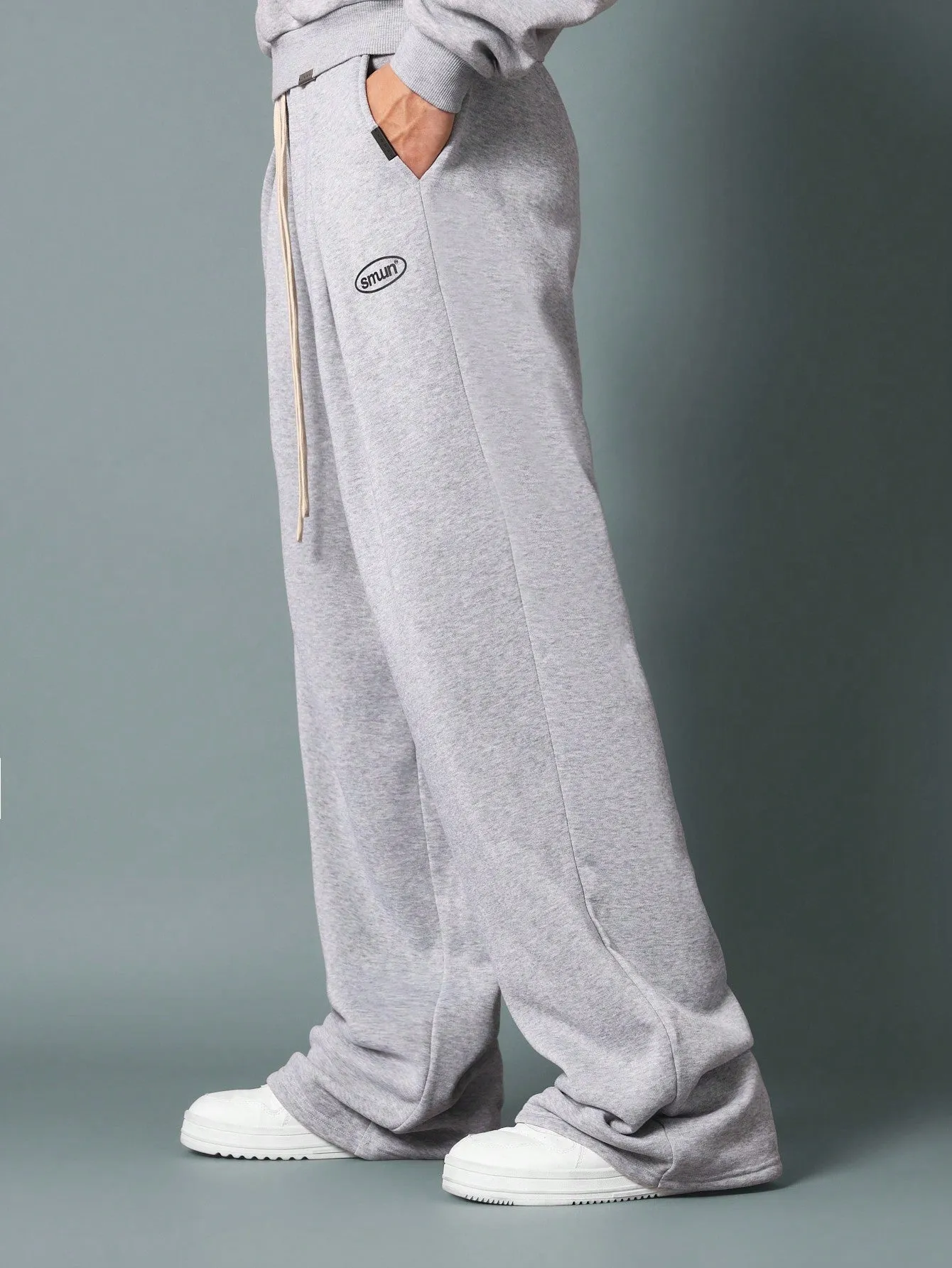 Wide Leg Drop Crotch Sweatpants With Pleats, Drawcords & Graphic Print