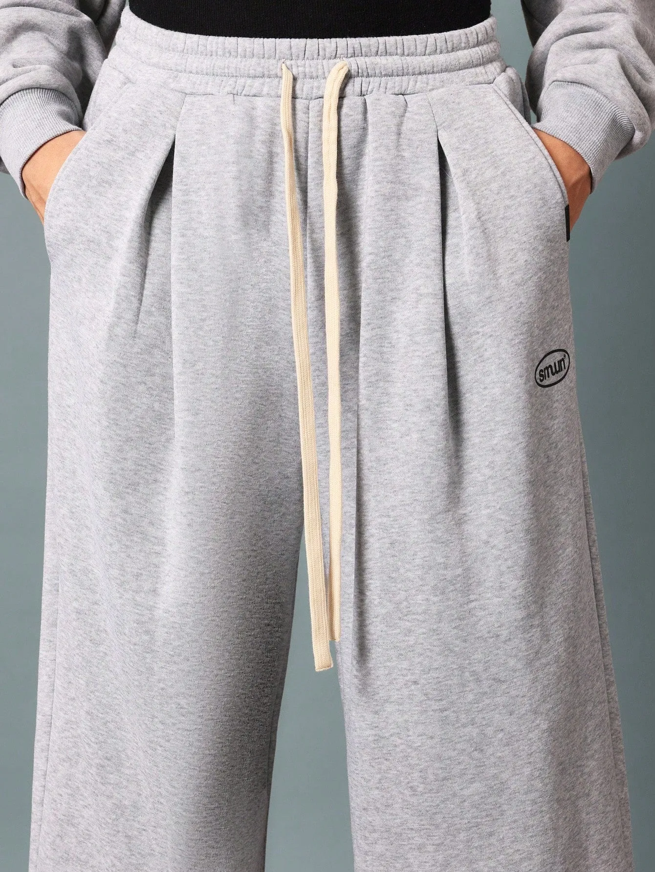 Wide Leg Drop Crotch Sweatpants With Pleats, Drawcords & Graphic Print