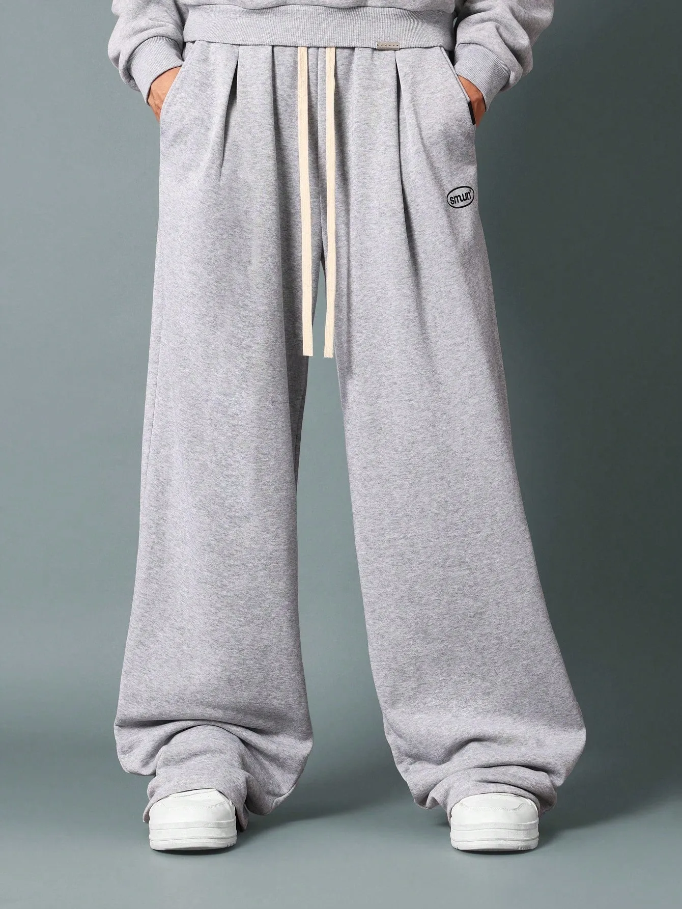 Wide Leg Drop Crotch Sweatpants With Pleats, Drawcords & Graphic Print