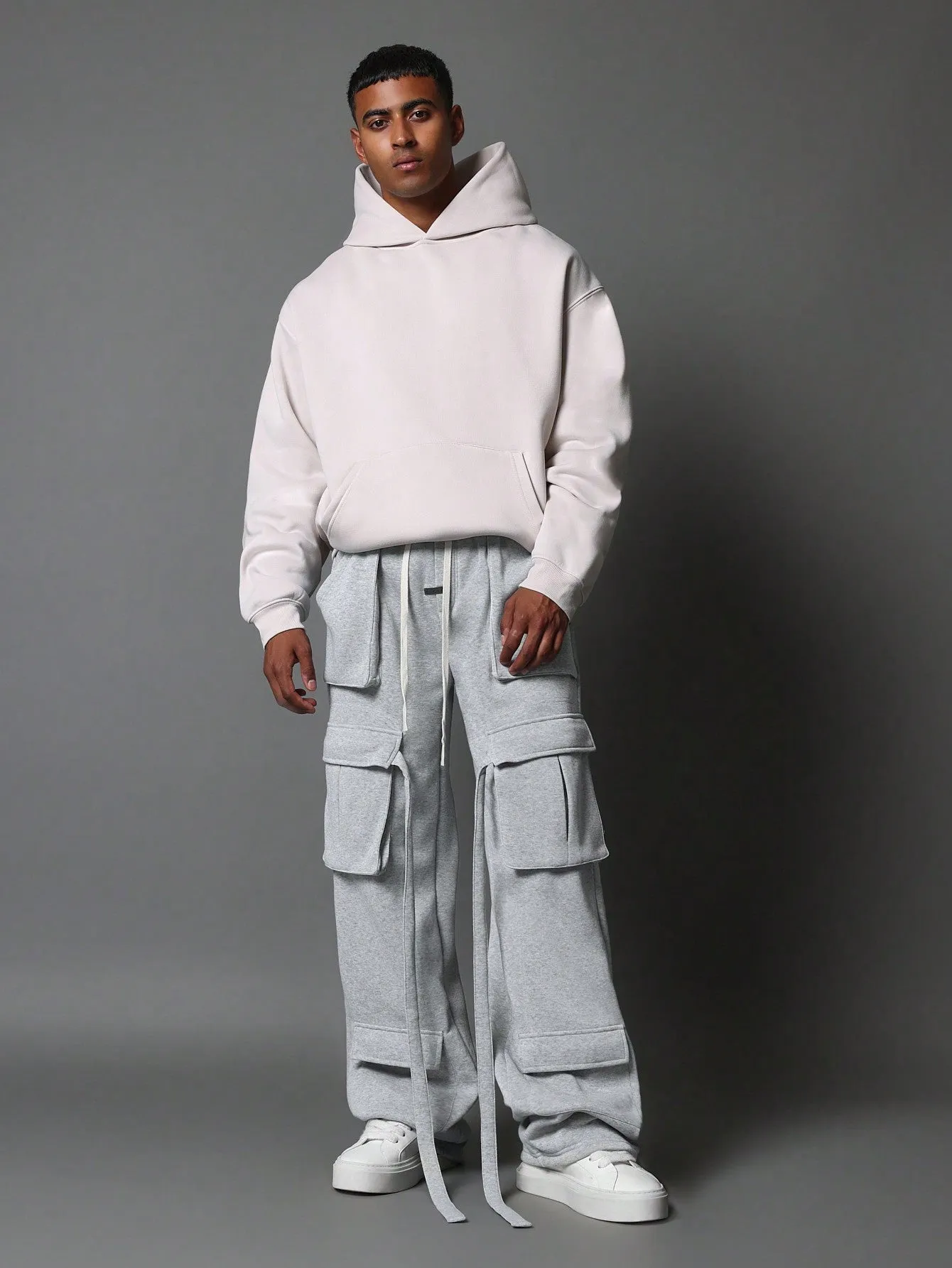 Wide Leg Multi Pocket Cargo Sweatpants With Drawcords