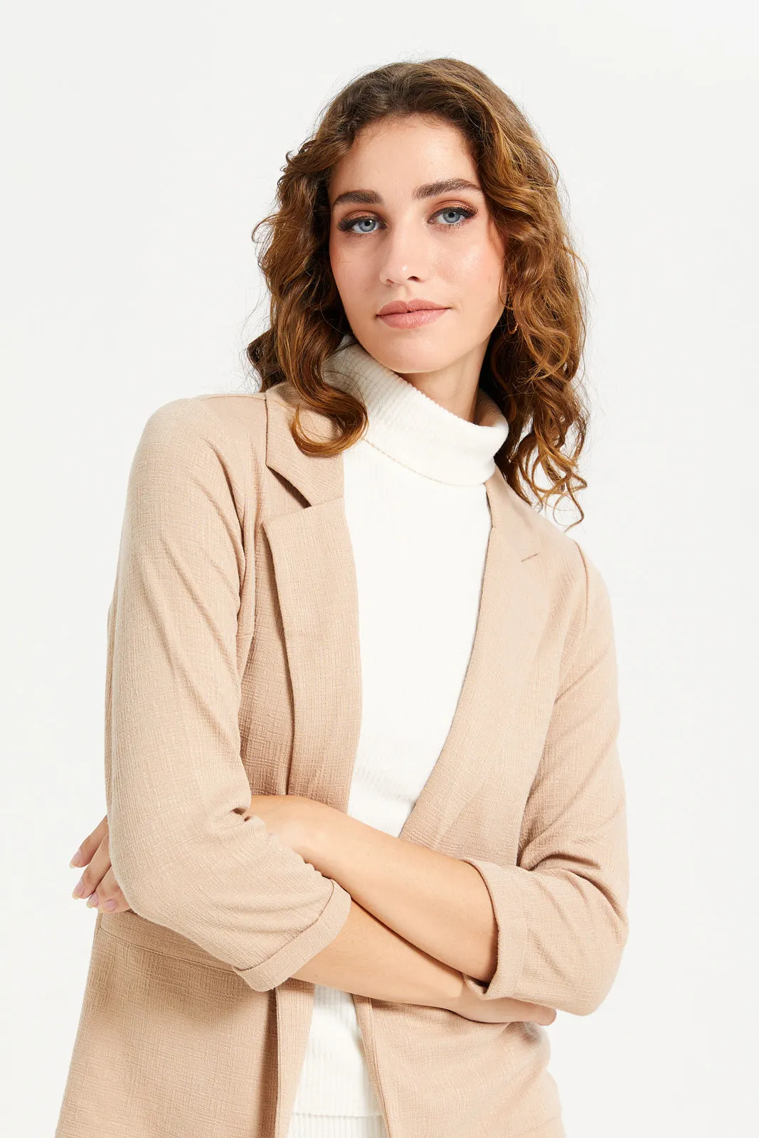 Women Beige Jacquard Knitted Lapel Collared Blazer