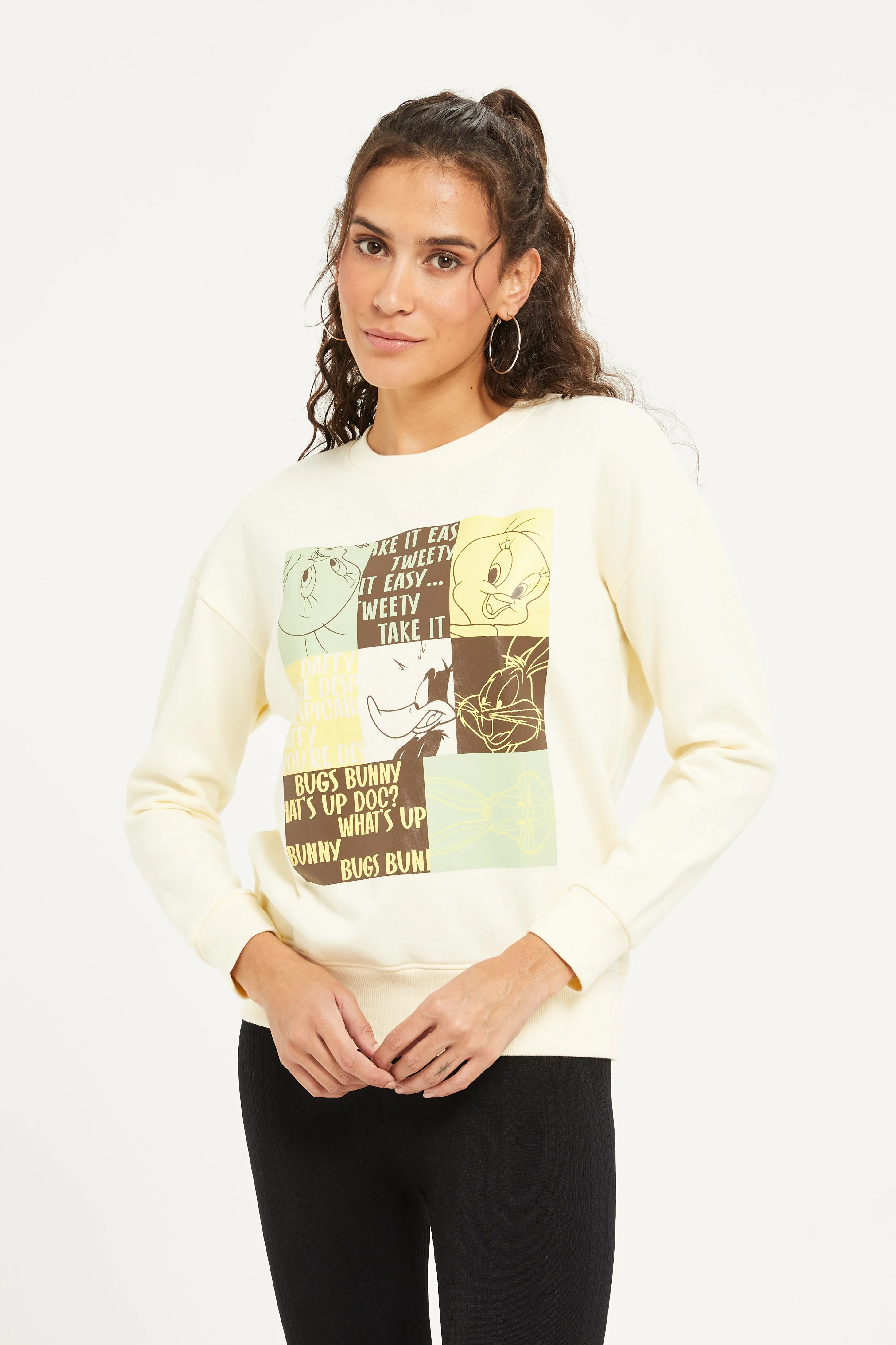 Women Beige Looney Tunes Printed Sweatshirt