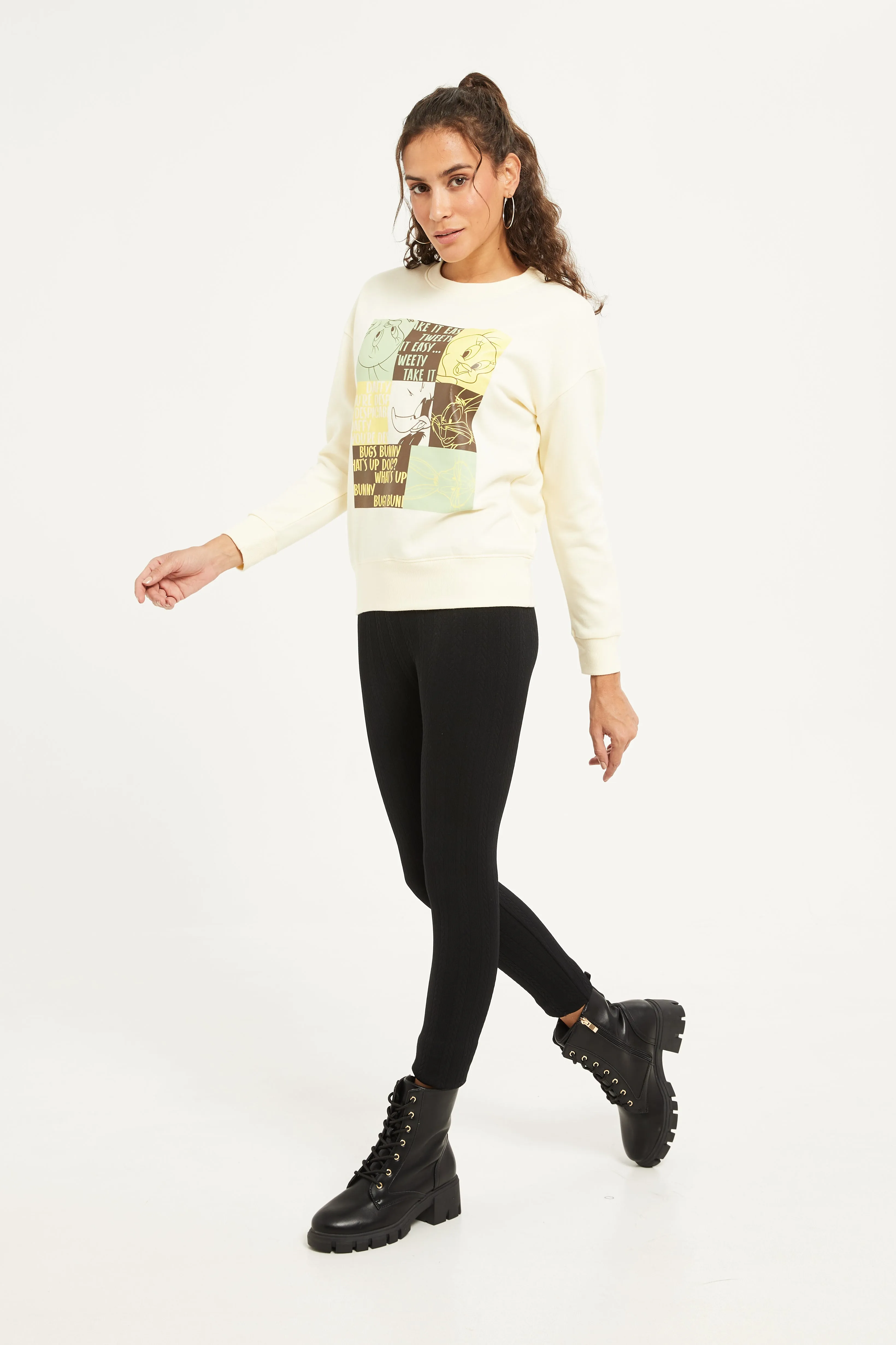 Women Beige Looney Tunes Printed Sweatshirt