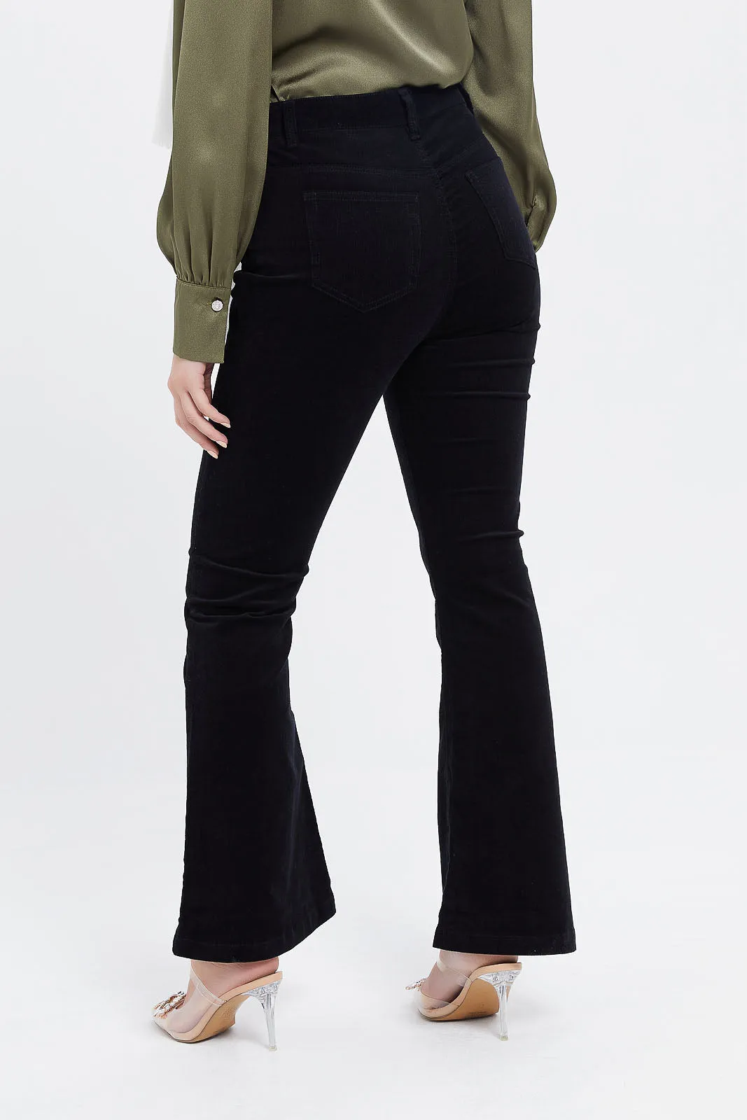 Women Black Fit Flare Corduroy Trousers