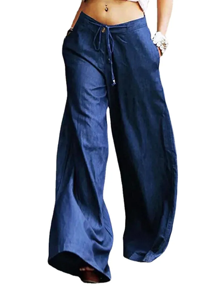 Women Casual Stylish Drawstring Waist Loose Wide Leg Jeans