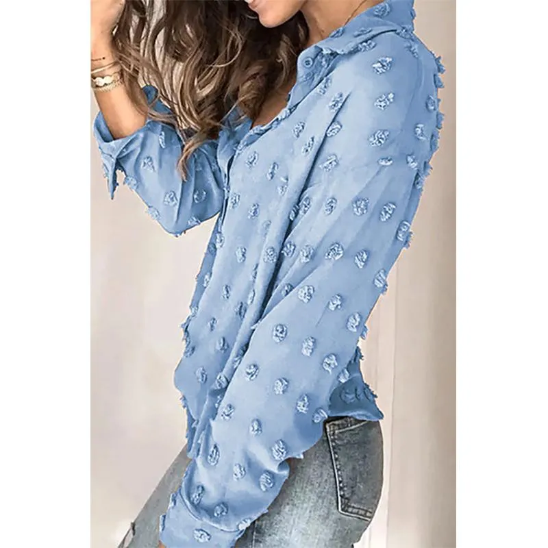 Women solid color turn-down collar dots button up summer tops