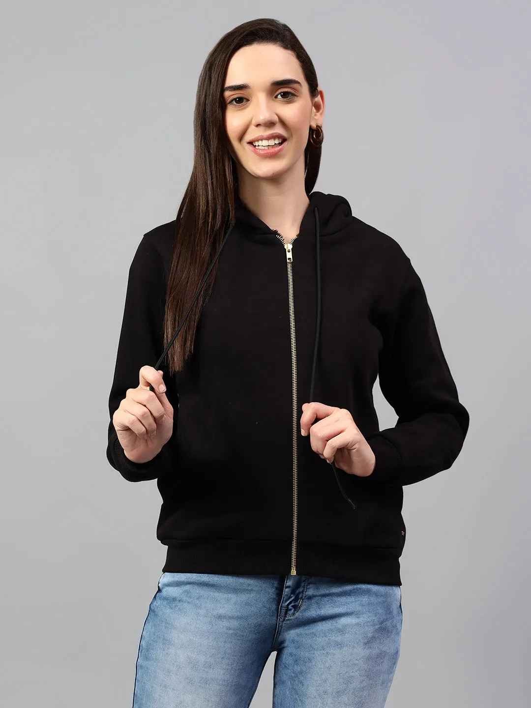 Women's Black Solid Hoody Neck Sweatshirt