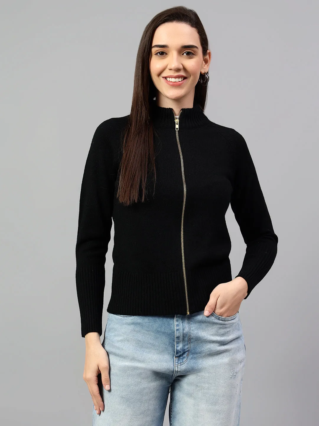 Women's Black Solid Mock Collar Sweatshirt