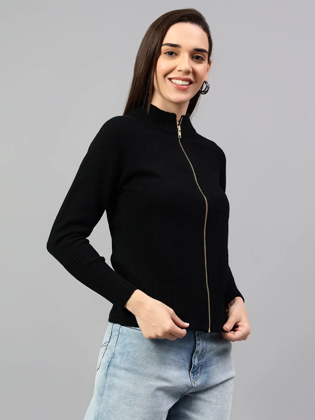 Women's Black Solid Mock Collar Sweatshirt