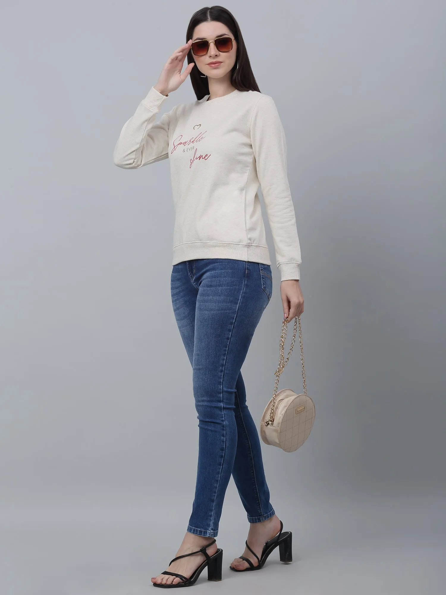 Women's Casual  Beige Regular Full Sleeve Pullover Sweatshirt