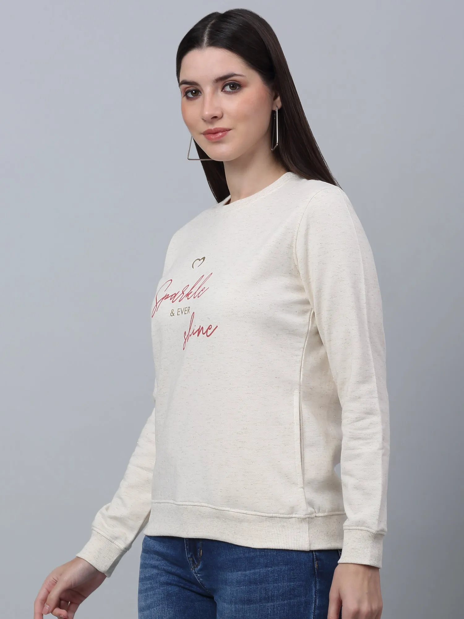 Women's Casual  Beige Regular Full Sleeve Pullover Sweatshirt