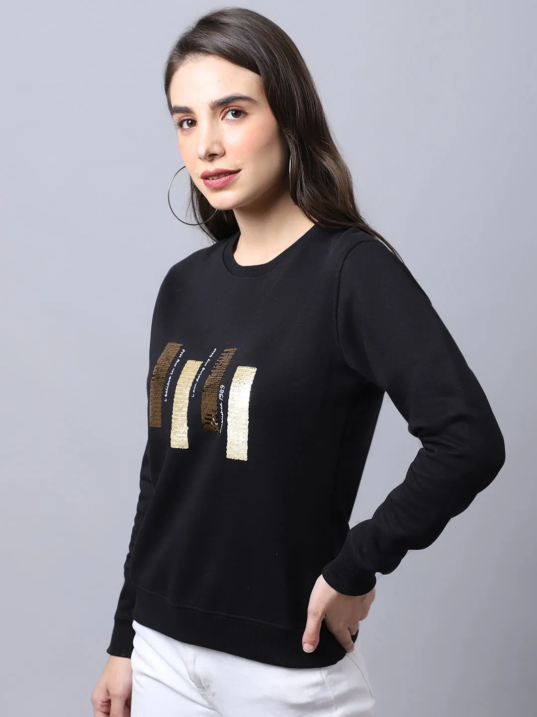 Women's Casual  Black Regular Full Sleeve Pullover Sweatshirt