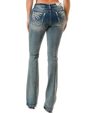 Women's Embroidered Feathers Horseshoe Boot Cut Jeans