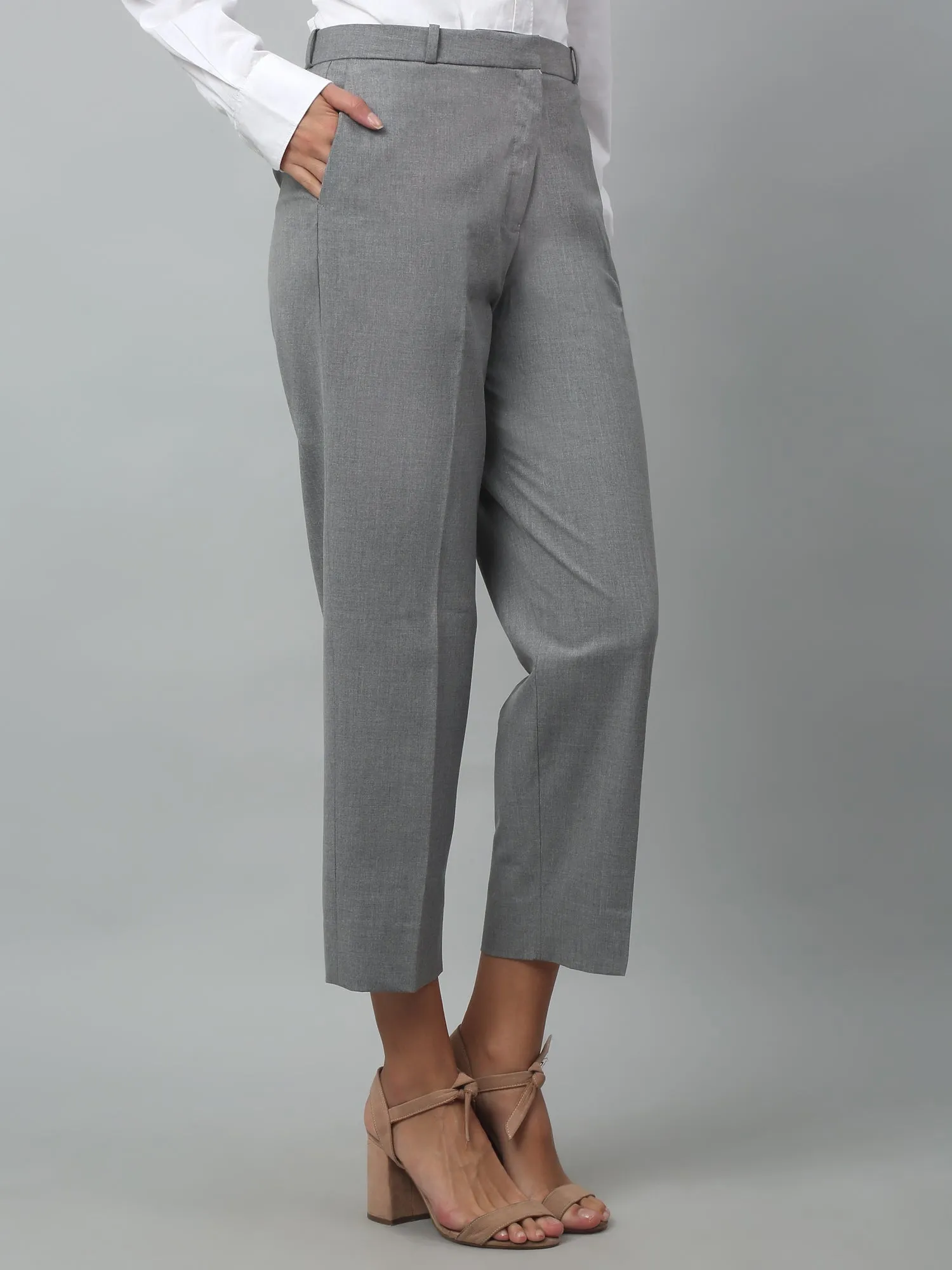 Women's Formal Flat Front Grey   Full length High rise Trousers