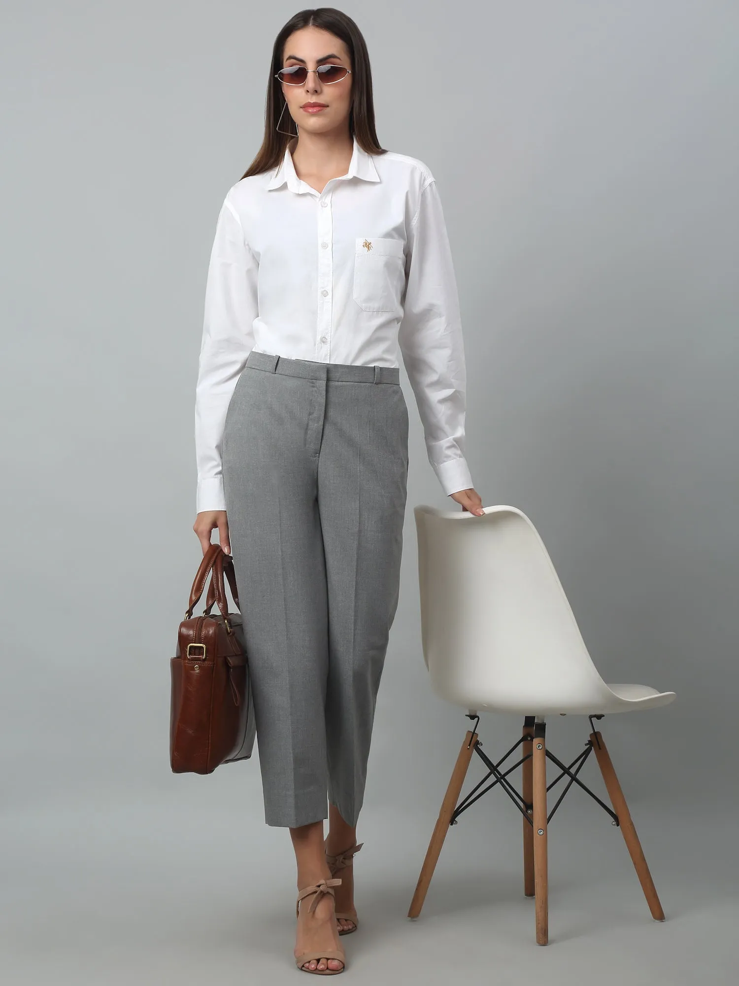 Women's Formal Flat Front Grey   Full length High rise Trousers