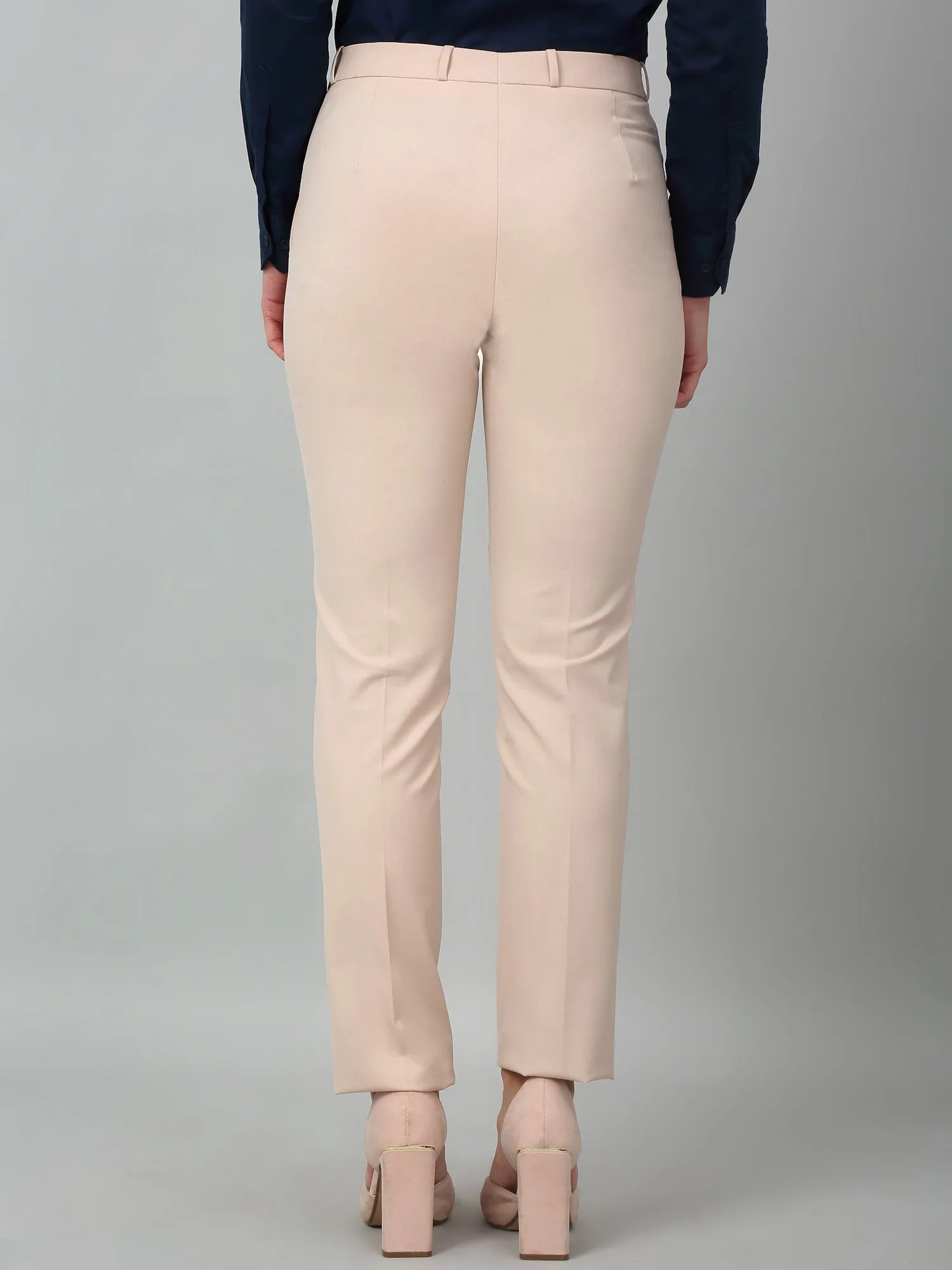 Women's Formal Flat Front Light Fawn Full length Mid rise Trousers