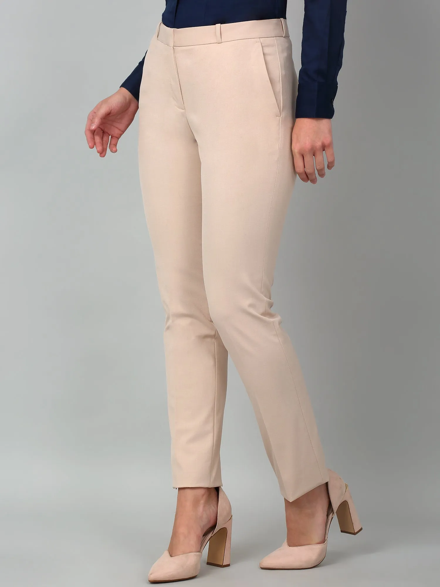 Women's Formal Flat Front Light Fawn Full length Mid rise Trousers